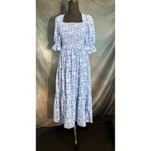 Sunday‎ Up Blue Floral Smocked Maxi Dress Square Neck Puff Sleeve Tiered